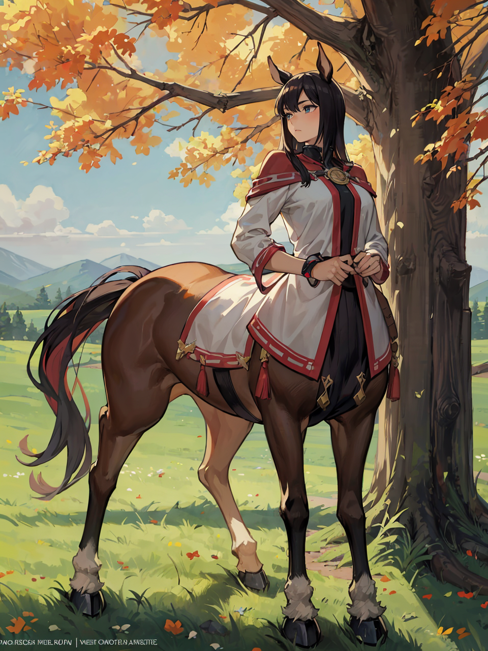 masterpiece, best quality, 1girl, female (centaur:1.15), hooves, monster girl, outdoors, solo, standing, fantasy, <lora:ad...